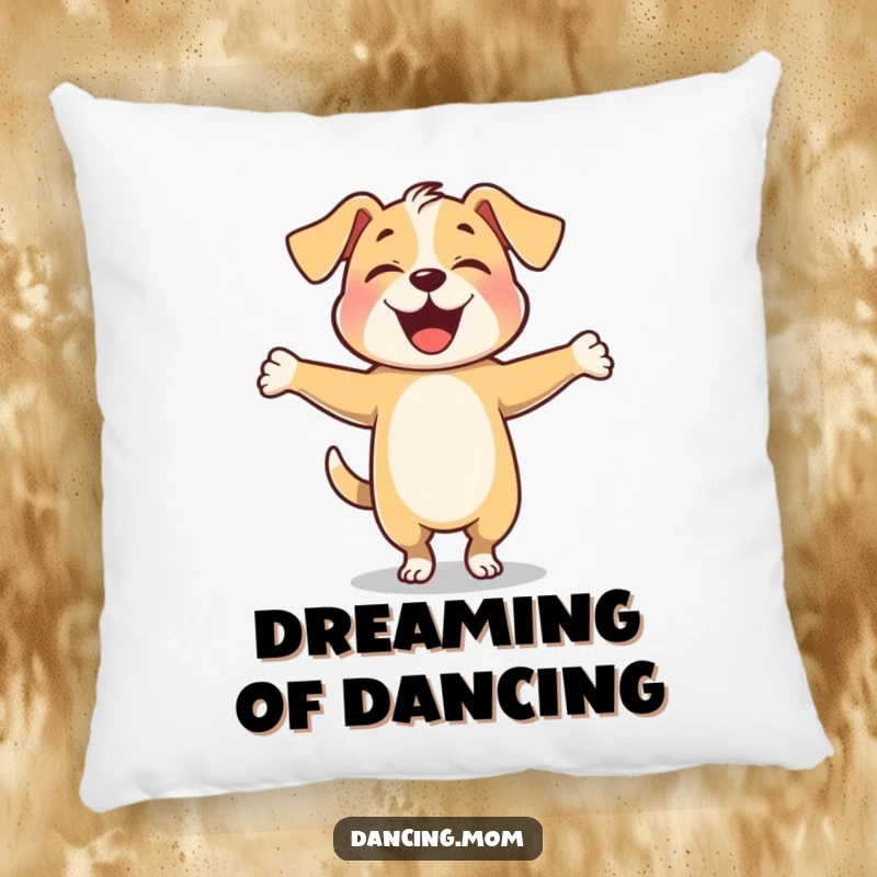 Funny dog twirling with arms outstretched happily, depicted on a soft, decorative accent pillow.