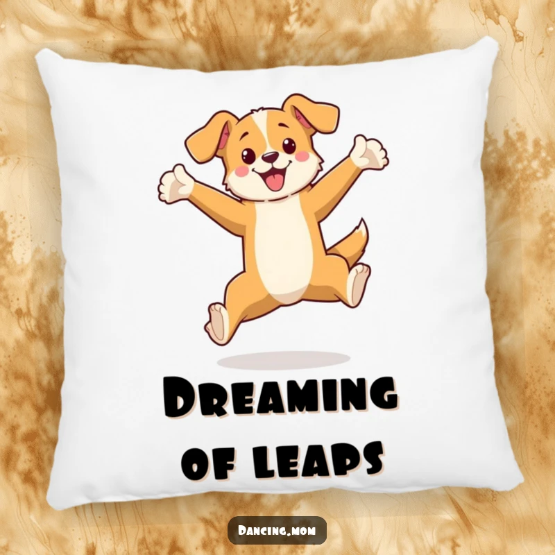 Funny pillow showcasing a dog leaping elegantly, arms out in a comical balletic move, offering humorous comfort.