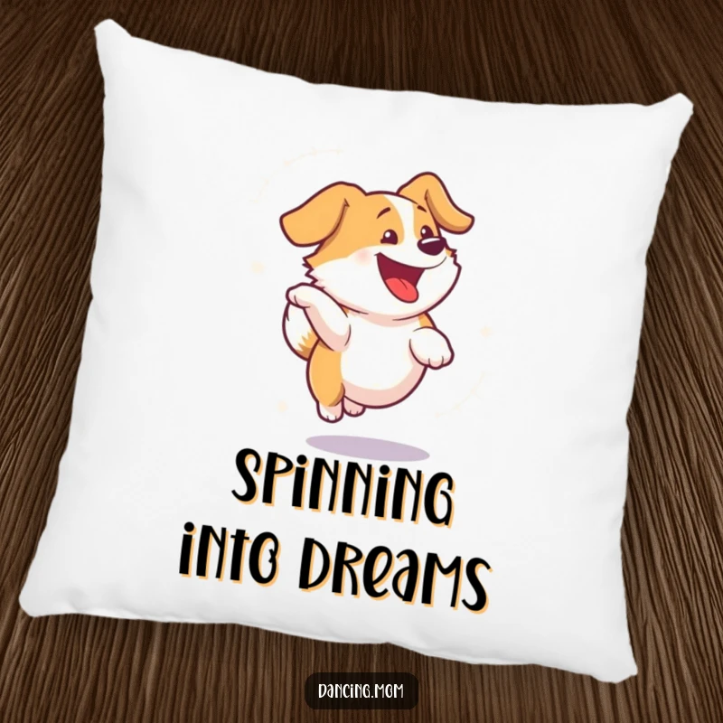 Funny dog pillow showcasing a dog spinning with immense joy and visible delight, a soft and humorous accent piece.