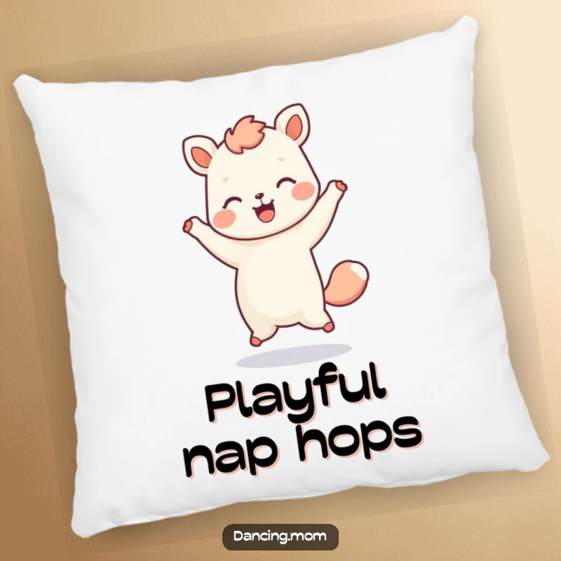 Funny decorative pillow featuring a kawaii animal in a playful hop, exuding happiness and cheerful energy.