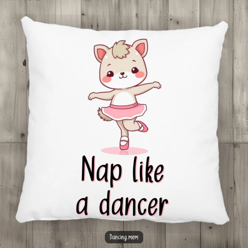 Funny kawaii dancing animal character performing a ballet move, with ballet shoes, on a plush and decorative pillow.