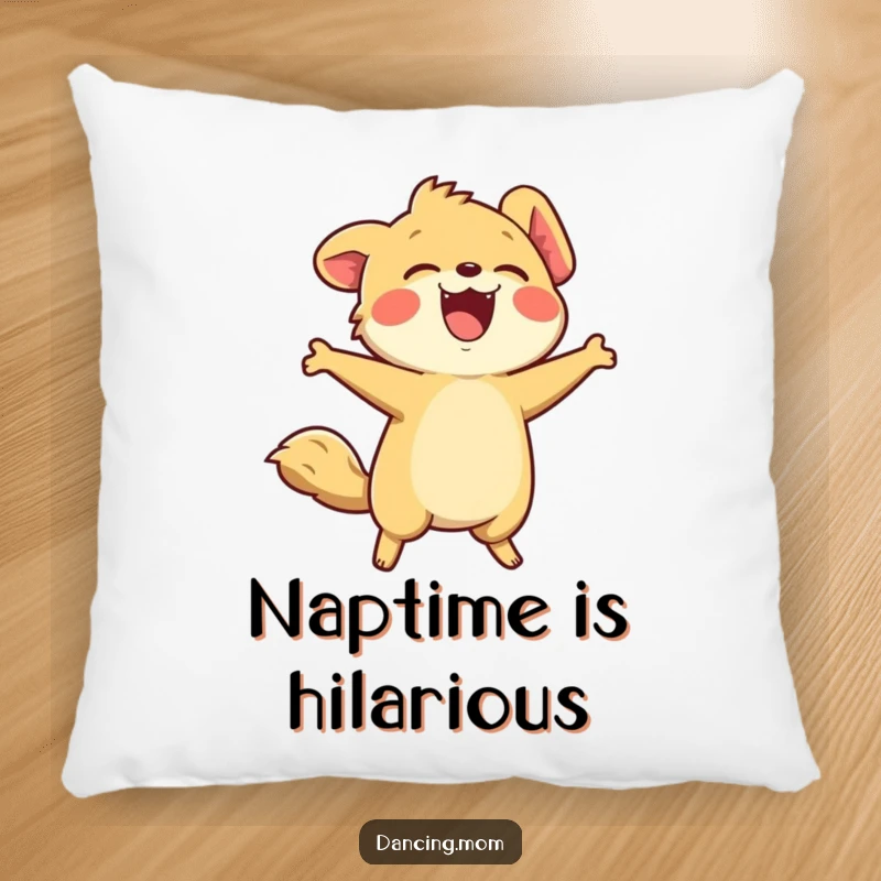 Funny pillow with a soft texture, depicting a kawaii animal laughing heartily, head thrown back in pure merriment.