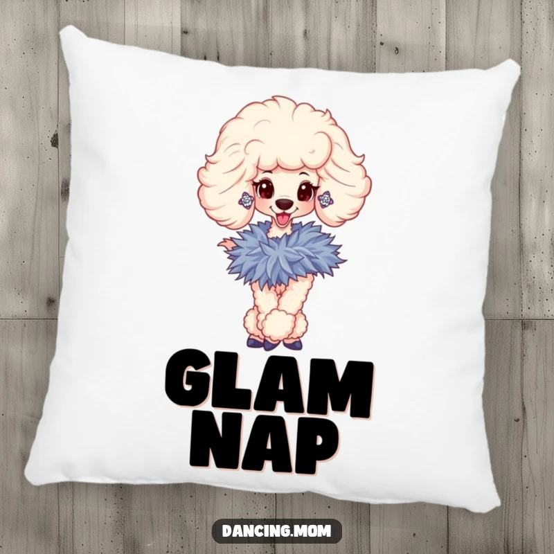 Funny pillow featuring a sophisticated poodle with sparkly earrings twirling with a feathered boa, symbolizing luxury.