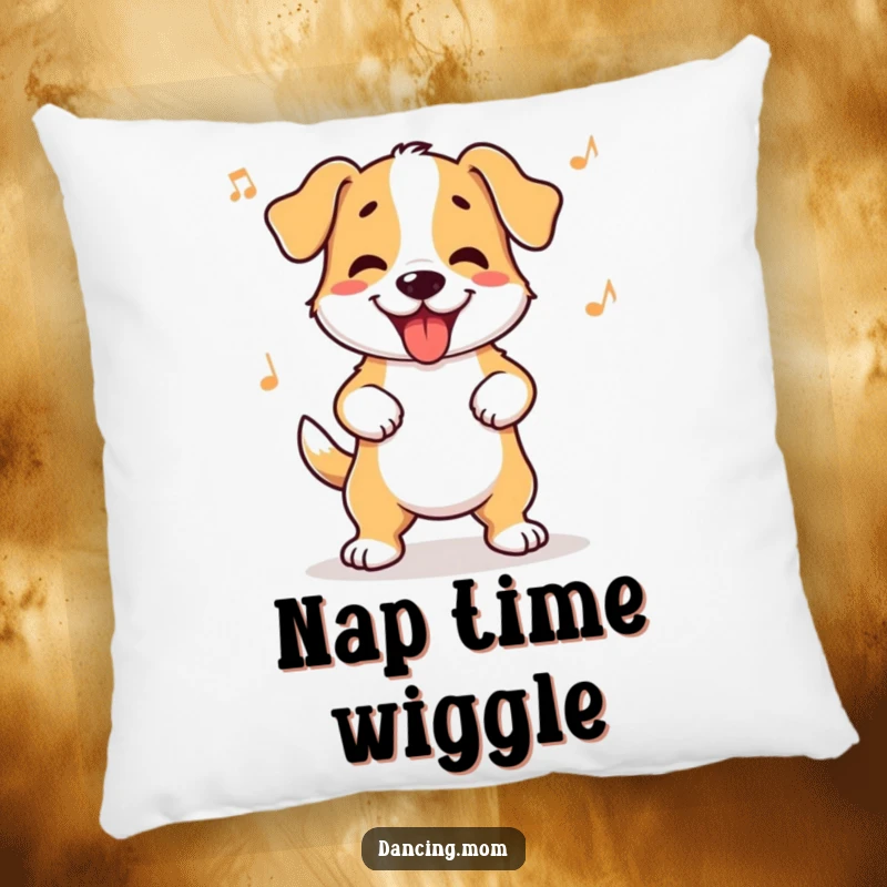 Funny dog pillow showcasing a dog wiggling its hips with infectious rhythm and pure happiness, a cozy accent.