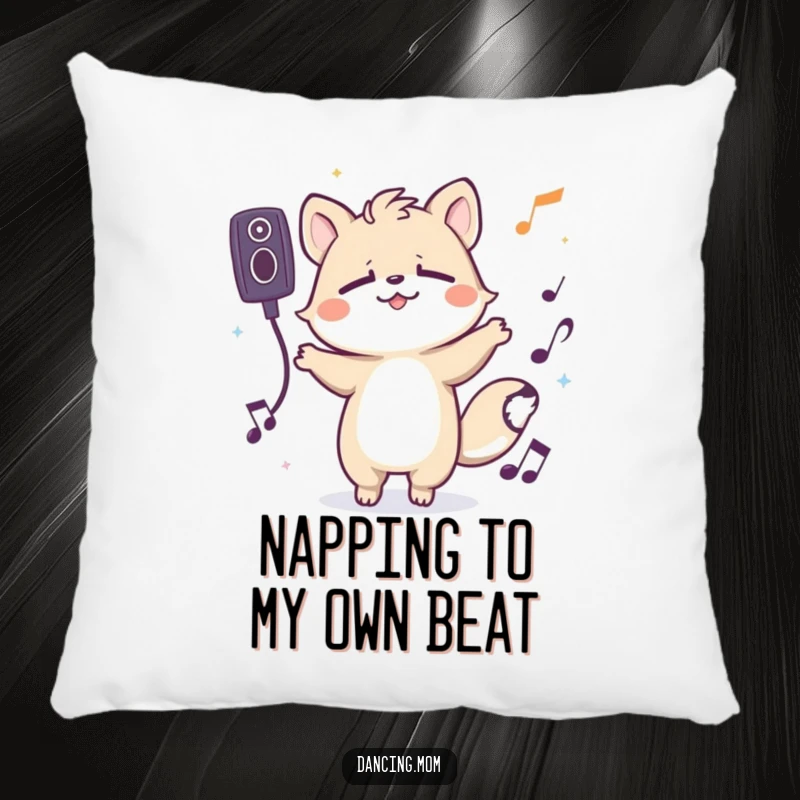 Funny pillow featuring a spirited animal character grooving with eyes closed, offering comfort and a musical, blissful ambiance.