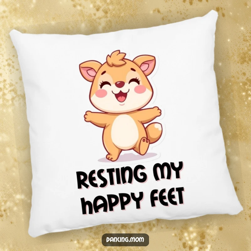 Funny pillow featuring a playful animal character tapping its feet with a wide, happy grin, offering comfort and cheerful decor.