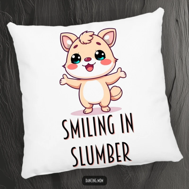 Funny decorative pillow featuring a kawaii animal with a wide smile, striking a fun and confident pose.