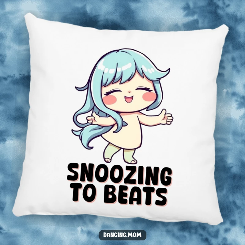Funny pillow featuring a smiling character with closed eyes, peacefully dancing to the rhythm.