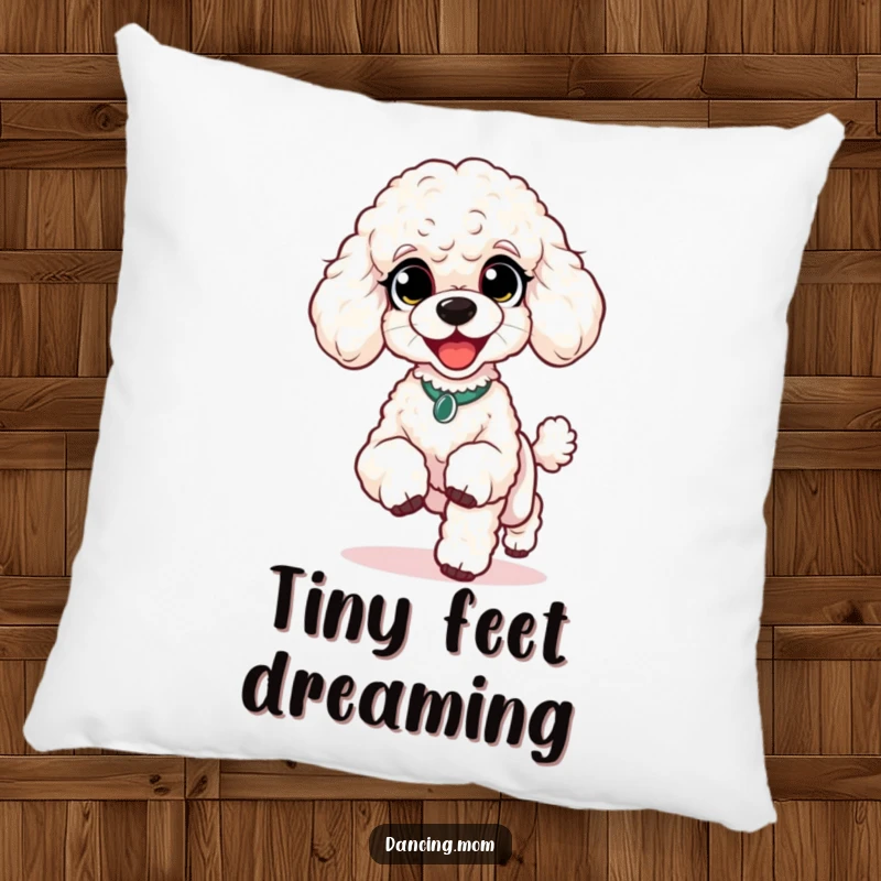 Funny Poodle Happy Shuffle Pillow: A poodle with delighted eyes does a lively shuffle with tiny feet, offering comfort and joy.