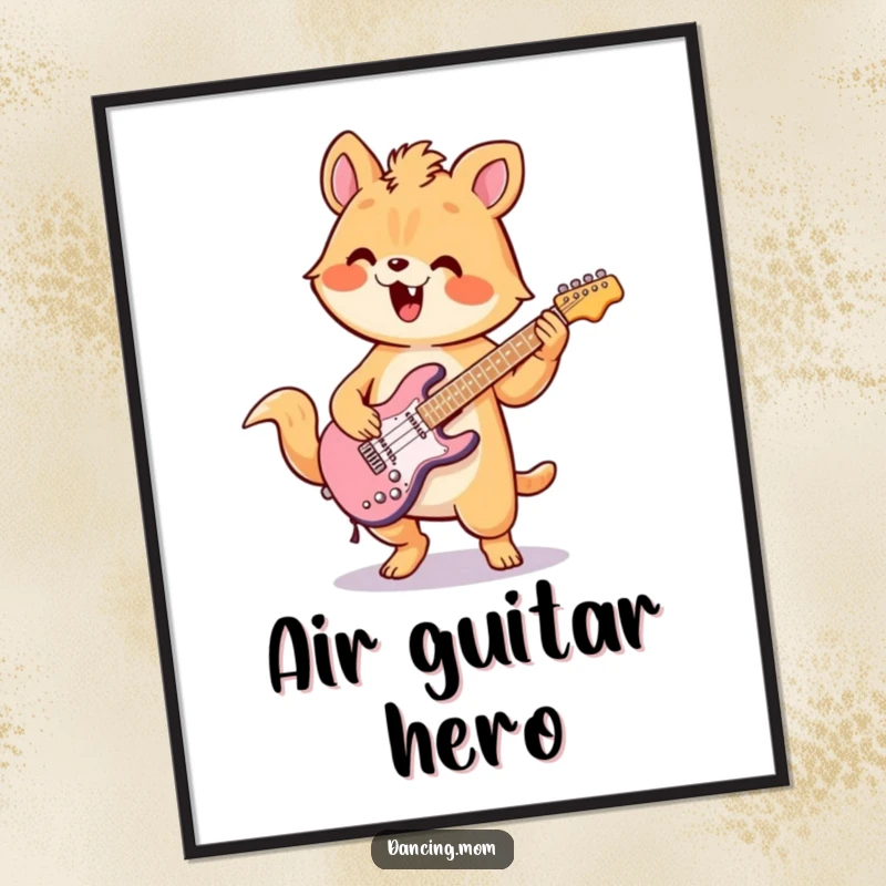 Funny digital art print of a kawaii animal playing air guitar with intense enthusiasm and dynamic flair, perfect for music lovers.
