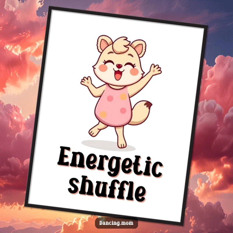 Funny digital art print of a dancing mom animal doing an energetic shuffle, full of motion and playful energy, a vibrant funny gift.