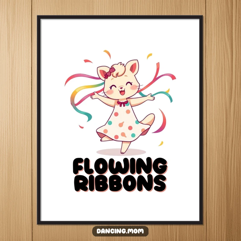 Funny digital art print of a dancing mom animal spinning with colorful ribbons flowing, creating a dynamic and beautiful visual, a stunning funny gift.