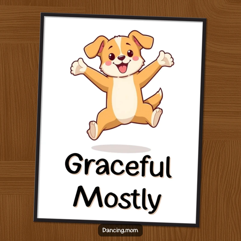 Funny digital art print showing a dog leaping elegantly, arms extended, a whimsical and humorous portrayal of athleticism.