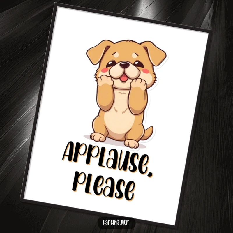 Funny digital art print of a dog taking a dramatic bow with paws spread, a humorous and theatrical piece.