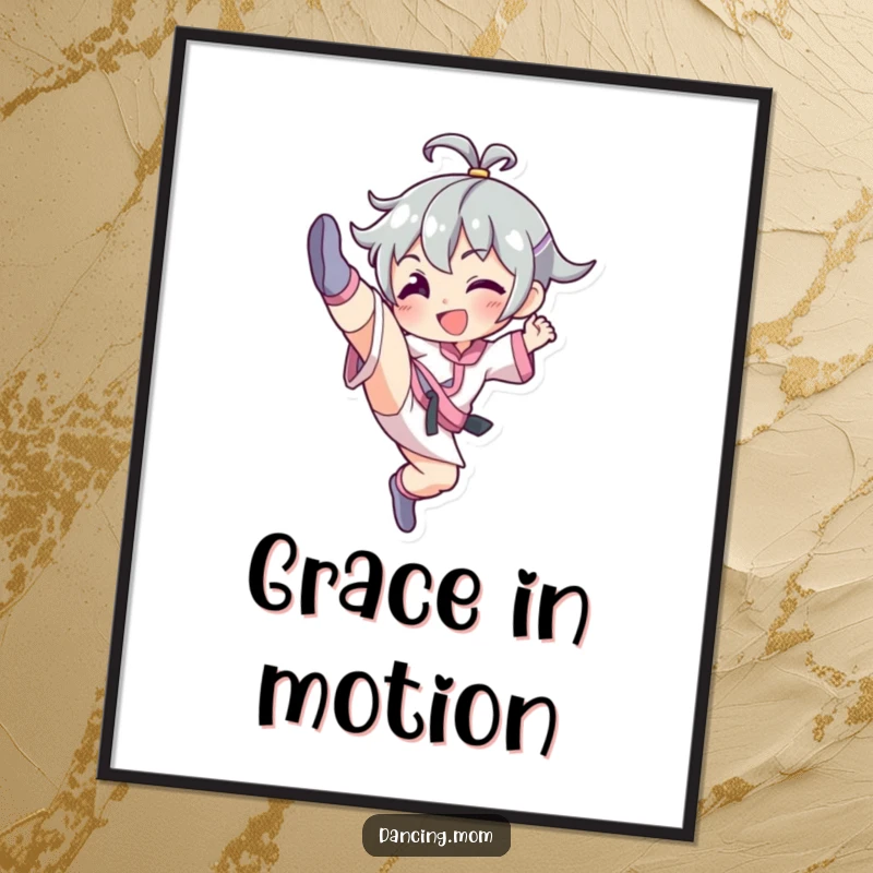 Funny digital art print depicting a joyful character mid-high kick, radiating energy and athletic grace.
