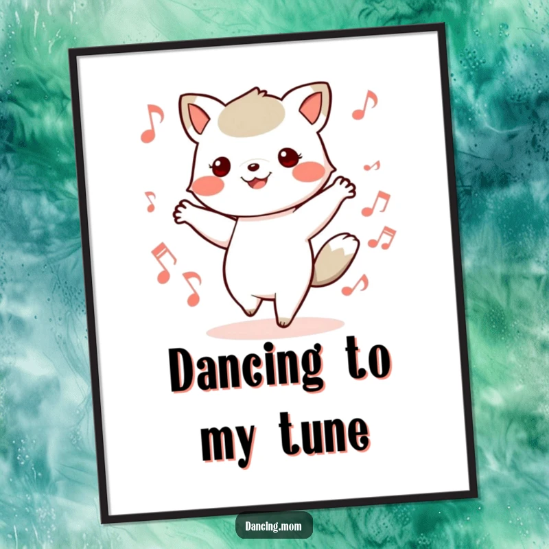 Funny digital art print of a kawaii dancing animal with feet in motion, surrounded by musical notes, celebrating dance.