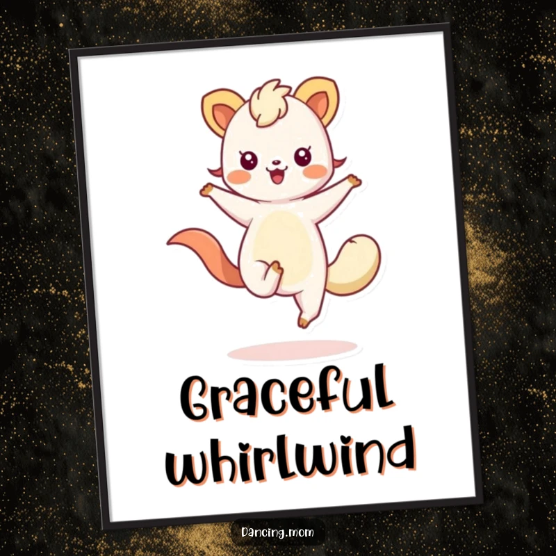 Funny digital art print of a kawaii animal with fluid, flowing limbs, captured mid-twirl, radiating playful energy.