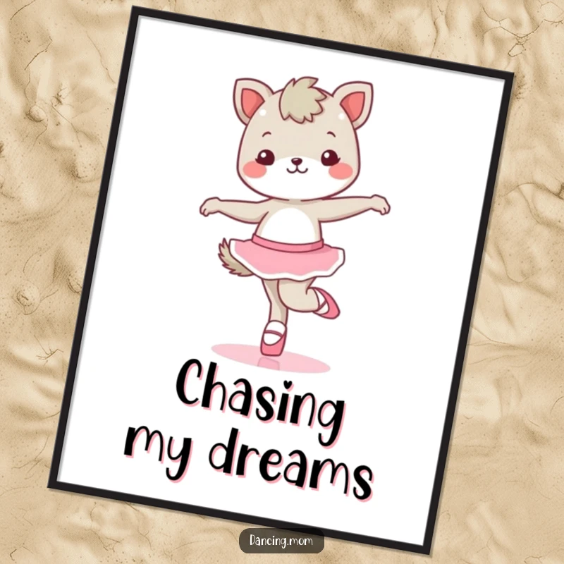 Funny kawaii dancing animal character in ballet shoes, celebrating dance, available as a high-resolution digital art print.