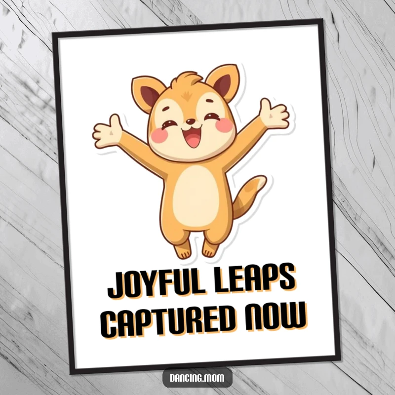 Funny digital art print of a happy animal character leaping with arms open wide, embodying pure energetic bliss and a carefree spirit.
