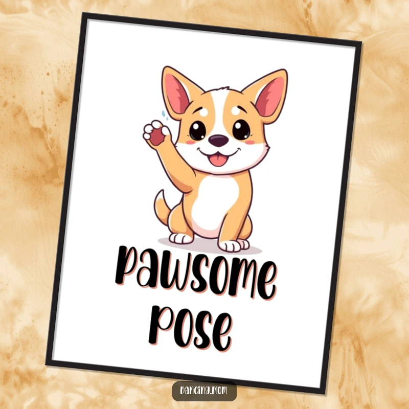 Funny digital art print of a dog in a playful pose, paw raised high, a celebration of energy and fun.