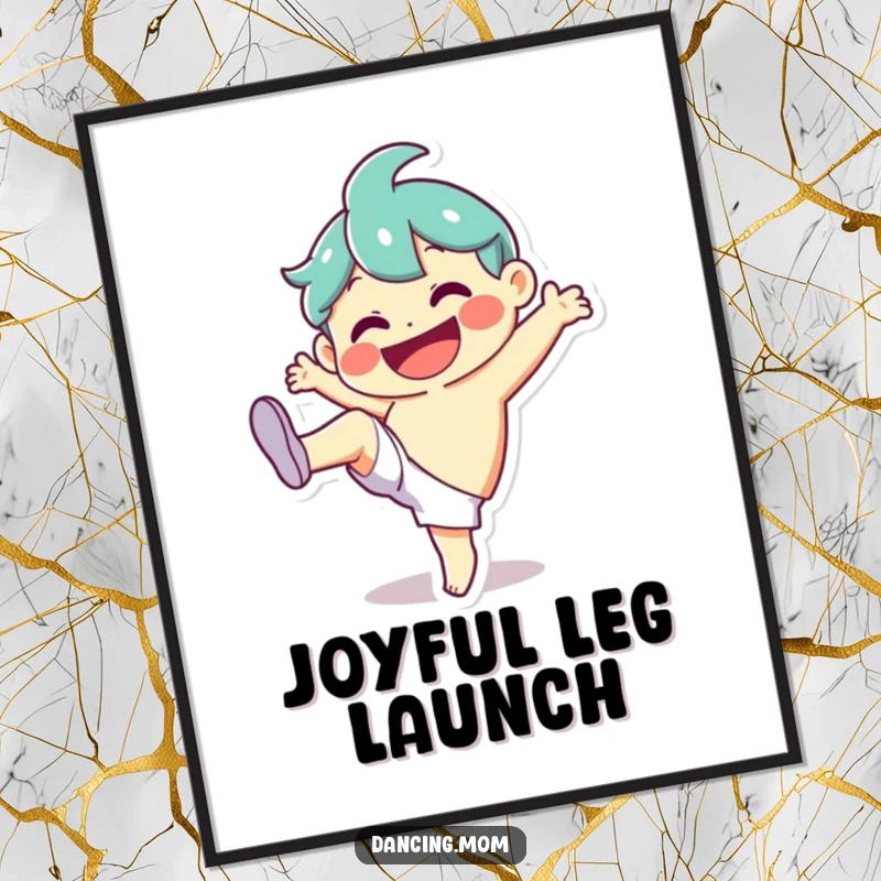 Funny Digital Art Print: Character mid-silly kick with a huge smile, a downloadable and funny gift for instant cheer.