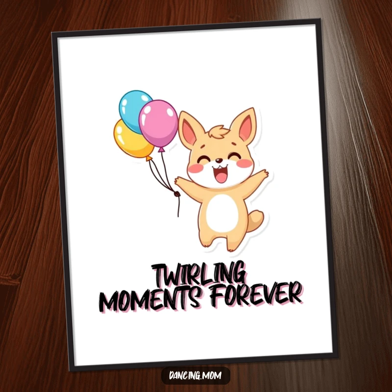 Funny digital art print of an excited animal character twirling joyfully with balloons, embodying pure celebration and festive happiness.