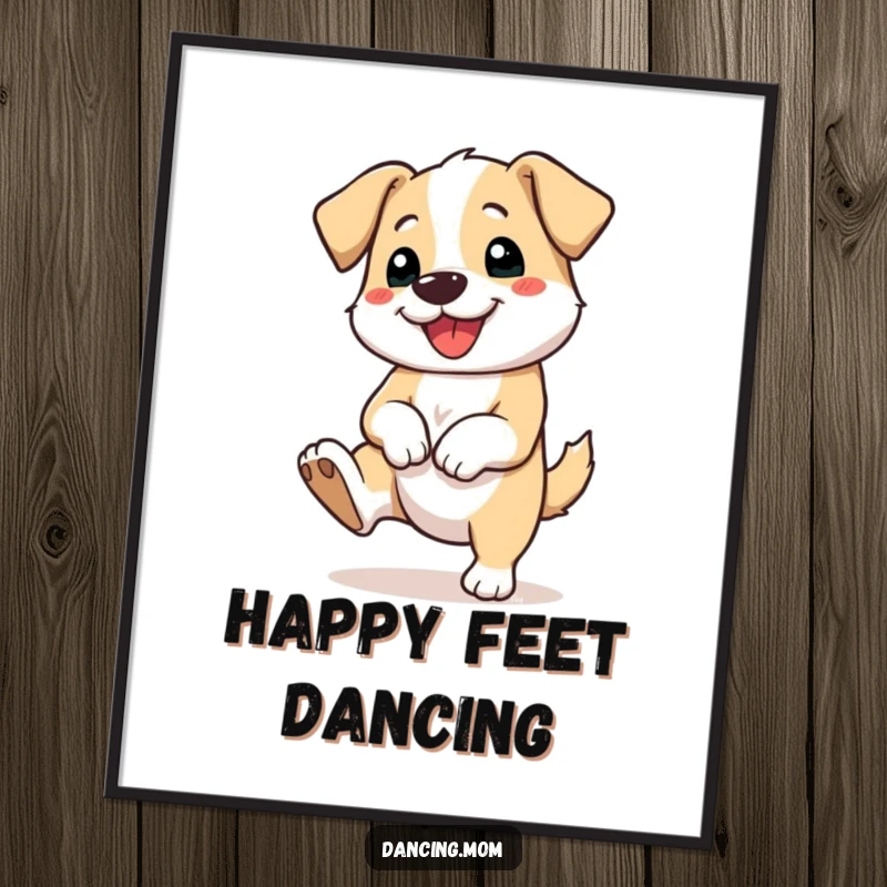 Funny digital art print of a dog tapping its foot with a huge smile, embodying rhythm and infectious joy.