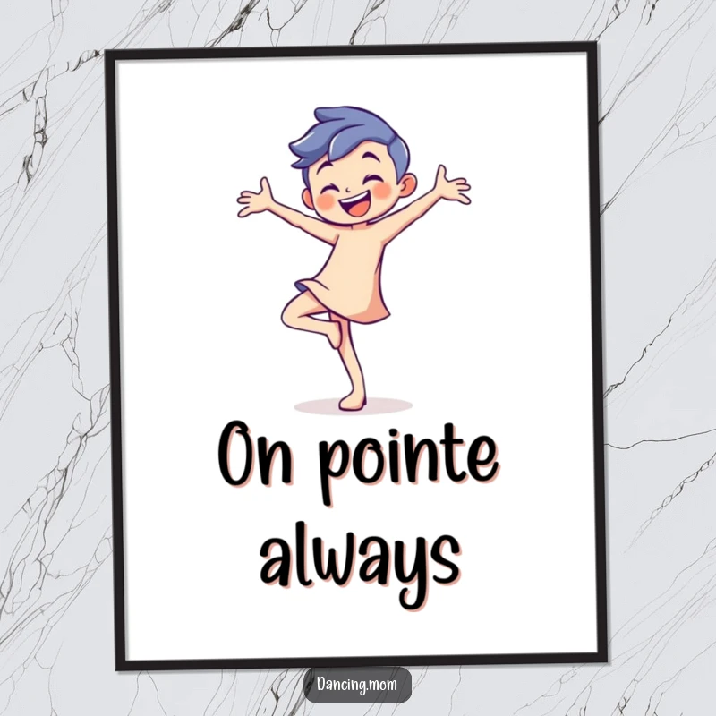 Funny digital art print of a playful dancer with a confident grin, balancing perfectly on one toe.