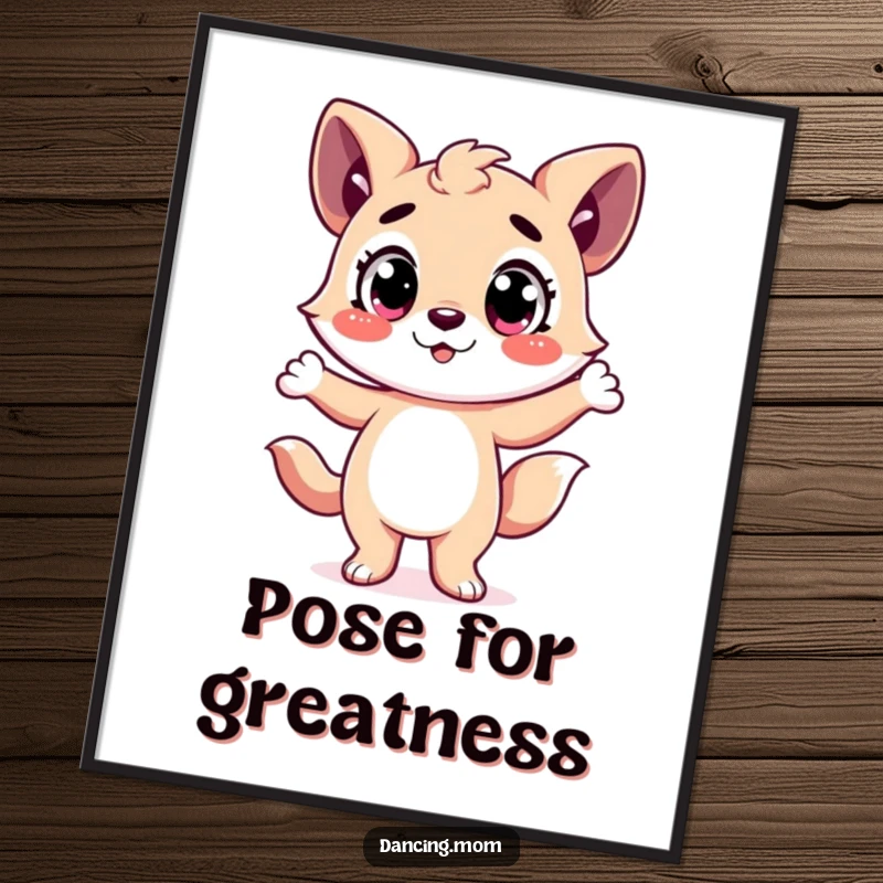 Funny Digital Art Print: Happy animal character with wide eyes, striking a dramatic dance pose, full of joyful energy.