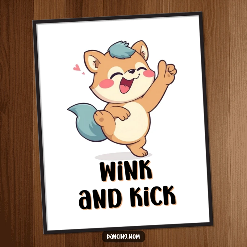 Funny Digital Art Print: Giggling animal character executing a high kick with a playful wink, vibrant and humorous.