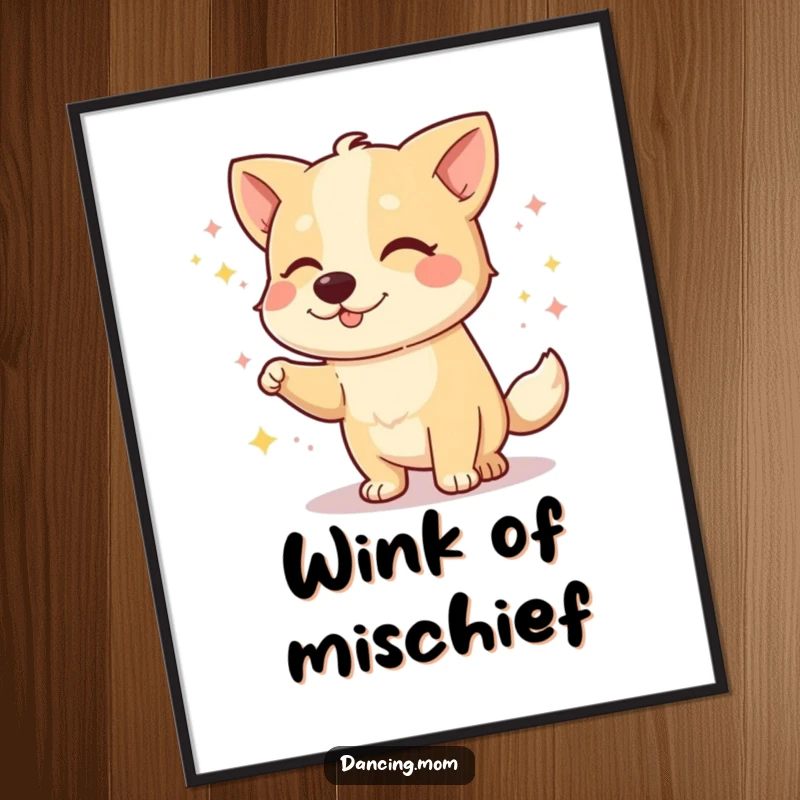 Funny dog digital art print of a dog winking playfully during a dance, capturing charming mischief and joy.