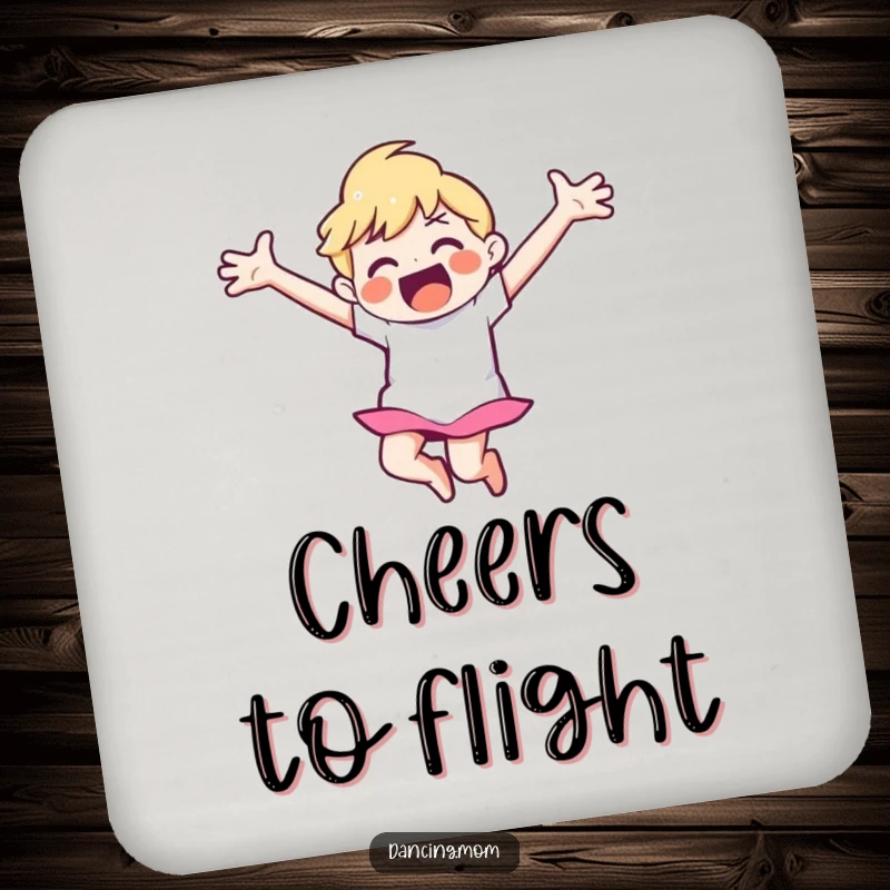 Funny drink coaster featuring a happy dancer with arms wide open, mid-leap.