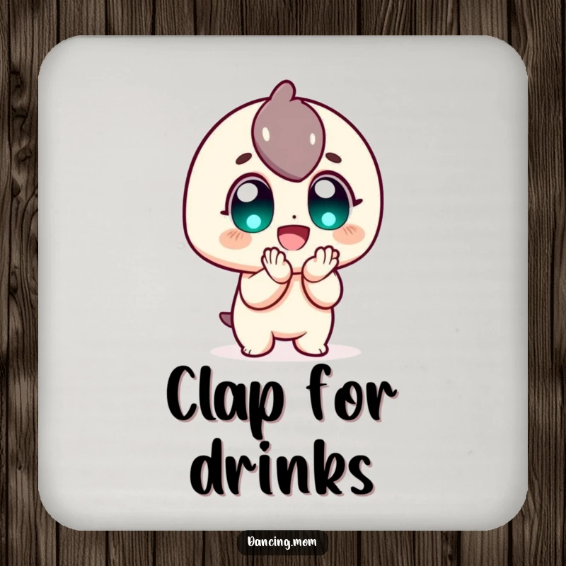 Funny Coaster: Enthusiastic character clapping with wide, joyful eyes, a practical and funny gift to protect surfaces with cheer.