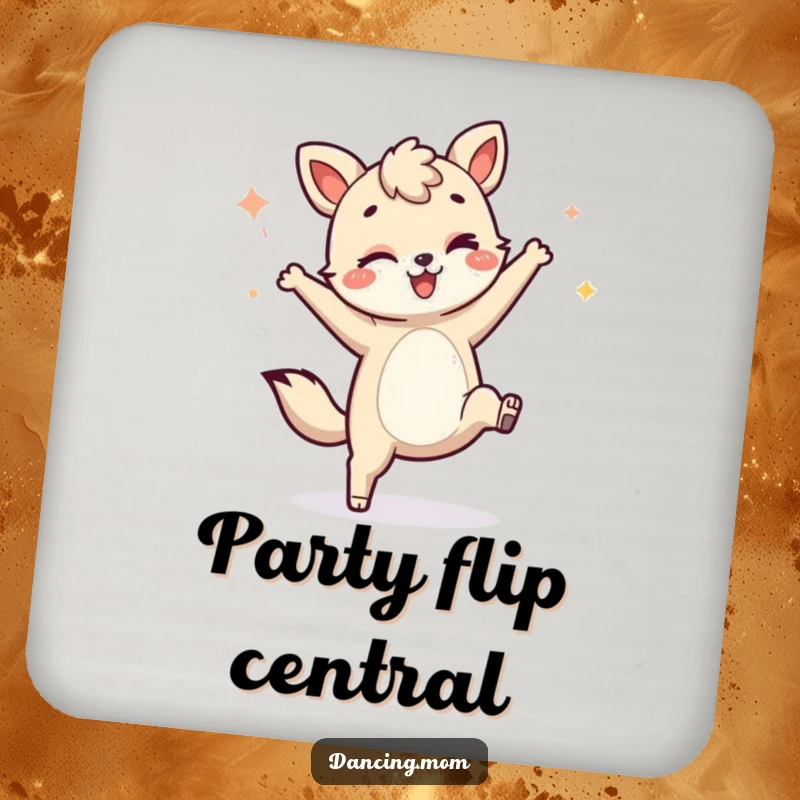 Funny drink coaster depicting a winking animal mid-cartwheel, adding a humorous and protective touch to any table.
