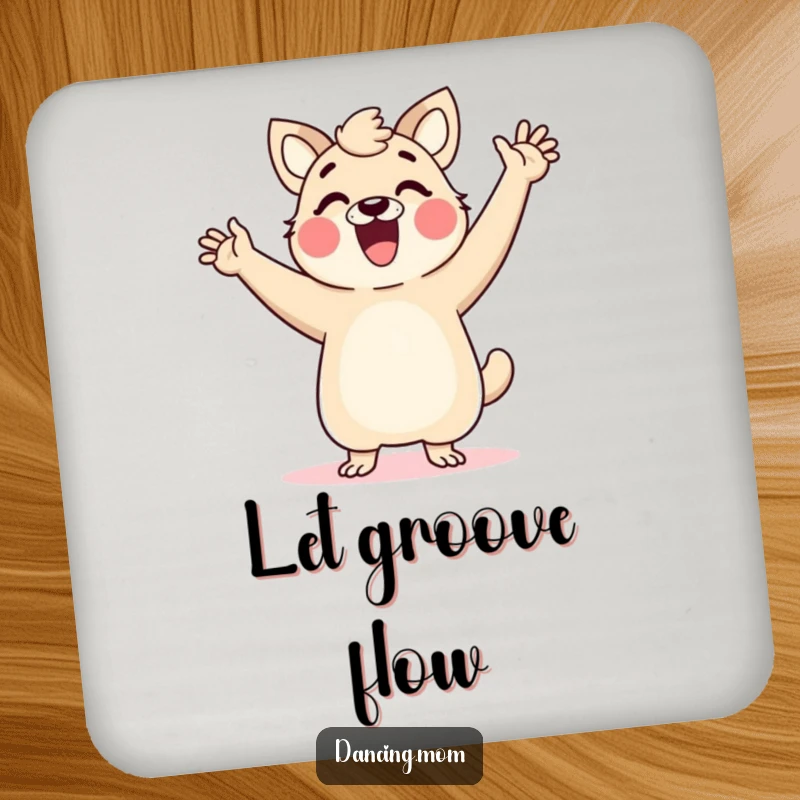 Funny dancing mom animal coasters, arms in the air, full of glee, protecting surfaces with joyful and vibrant design.