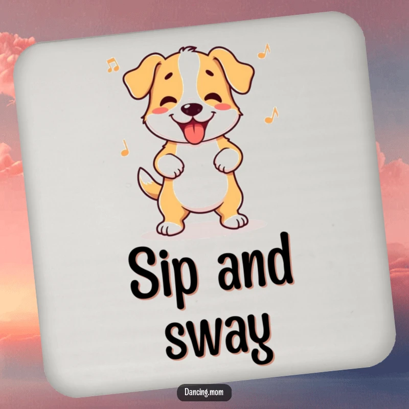Funny dog coaster featuring a dog wiggling its hips with infectious rhythm, protecting surfaces with humor.