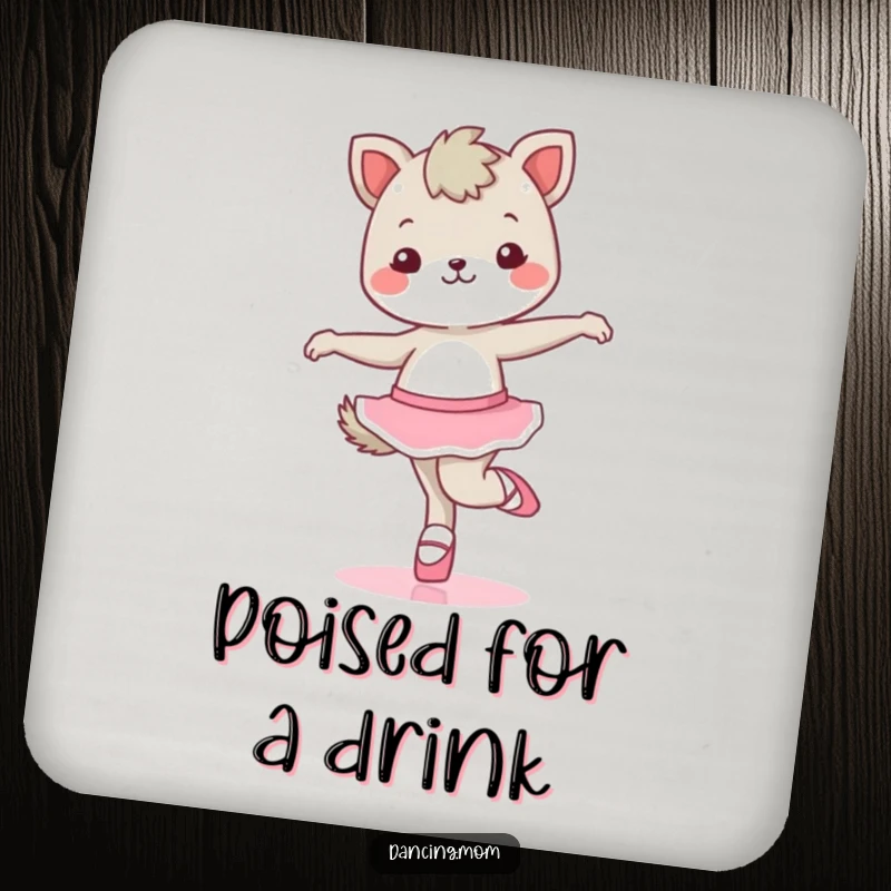 Funny kawaii dancing animal character in ballet shoes, doing a dance move, featured on a protective drink coaster.