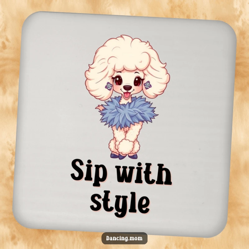 Funny coasters featuring a sophisticated poodle with sparkly earrings and a boa, protecting surfaces with posh flair.