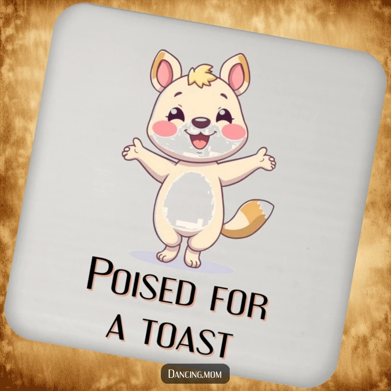 Funny animal character smiling and striking a dance pose, featured on a protective drink coaster.