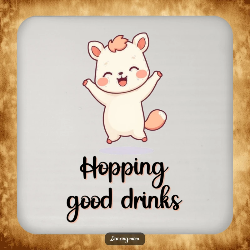 Funny drink coaster featuring a kawaii dancing animal in a playful hop, offering protection with cheerful energy.