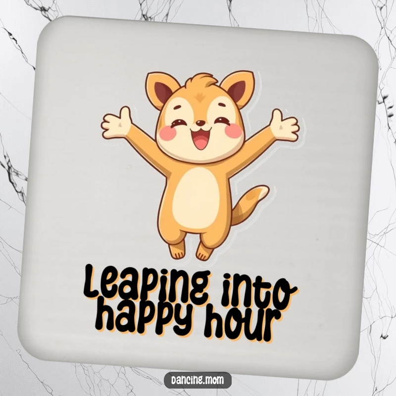 Funny coaster set featuring a happy animal character leaping with arms outstretched, bringing energetic flair and surface protection to your table.