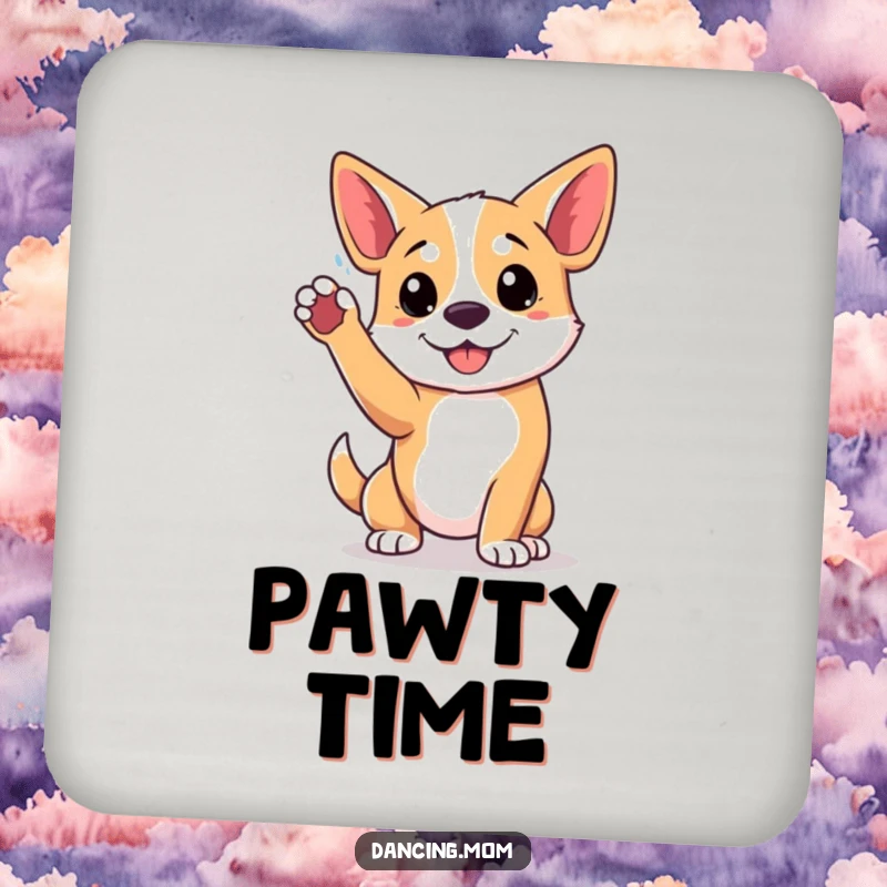 Funny drink coaster with a dog in a playful pose, paw raised high, adding a touch of energetic fun.