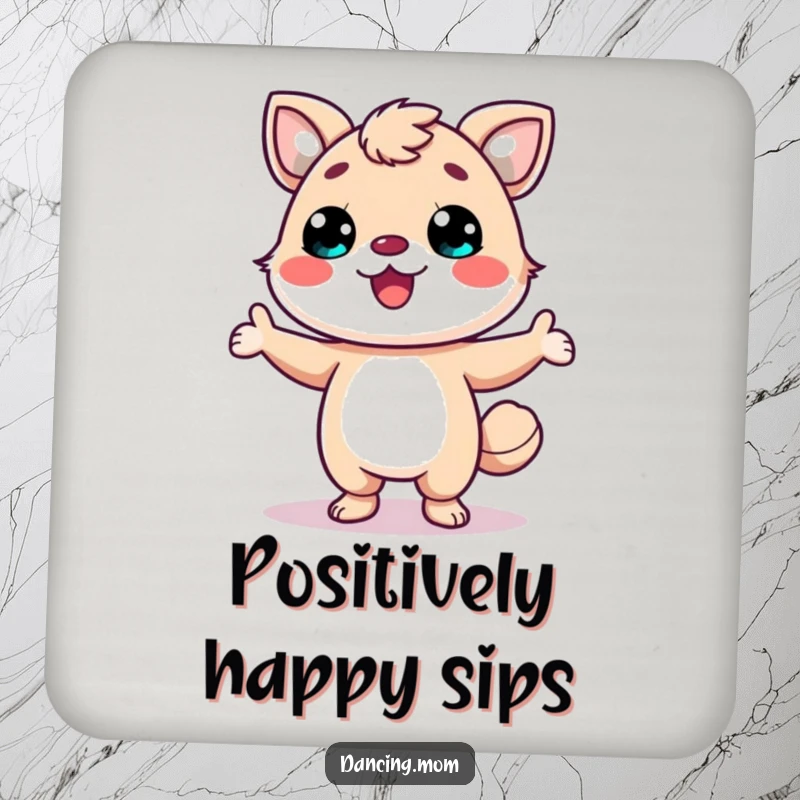 Funny drink coaster featuring a kawaii dancing animal with a wide smile, striking a fun pose, offering protection.