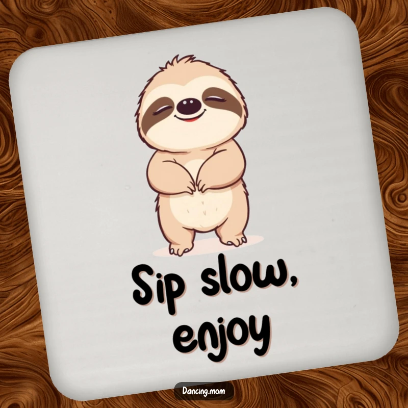 Funny Sloth drink coasters showcasing a happy sloth grooving slowly with blissful eyes, perfect for protecting surfaces with humor.