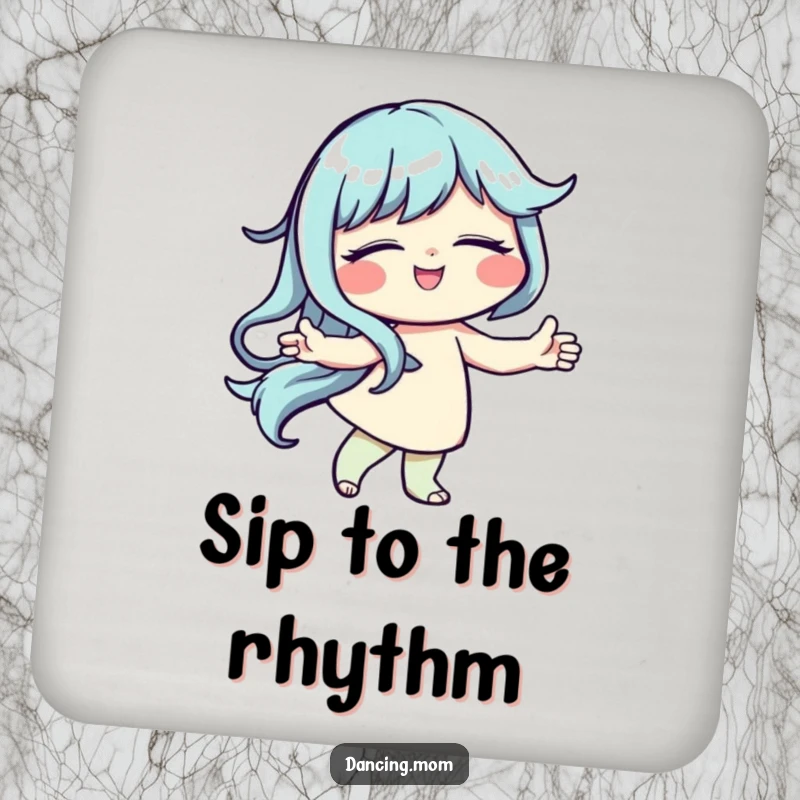 Funny drink coaster illustrated with a dancer with closed eyes and a peaceful smile, lost in the music.