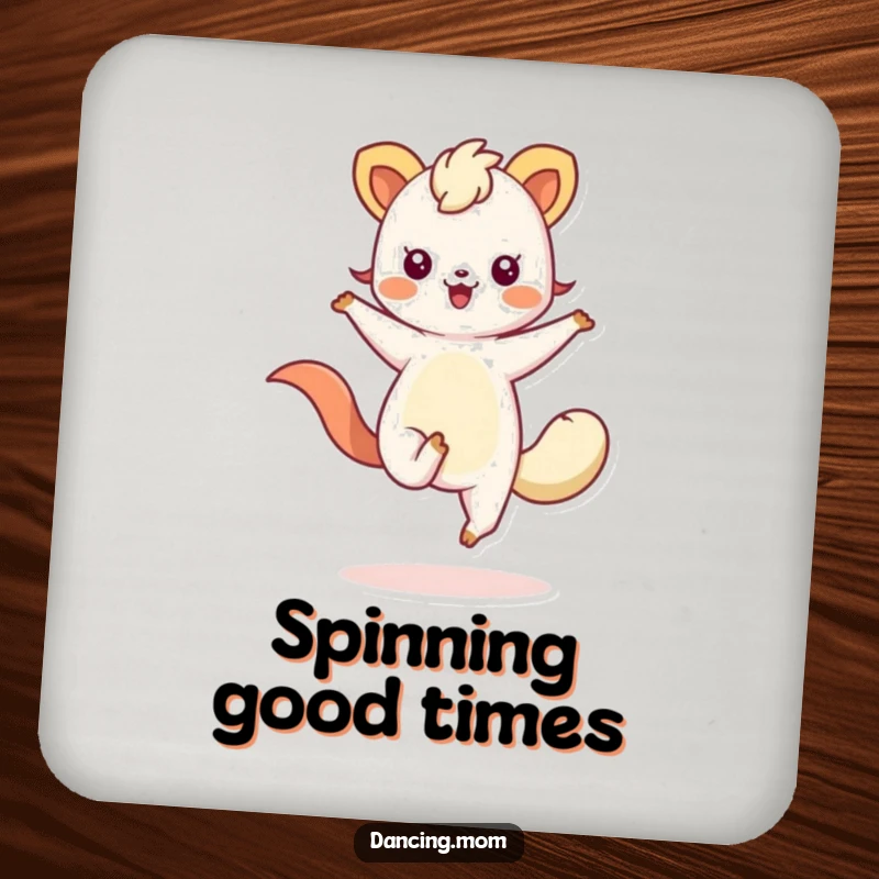Funny drink coaster with a kawaii animal design, artistically illustrated mid-twirl, protecting surfaces with whimsical charm.
