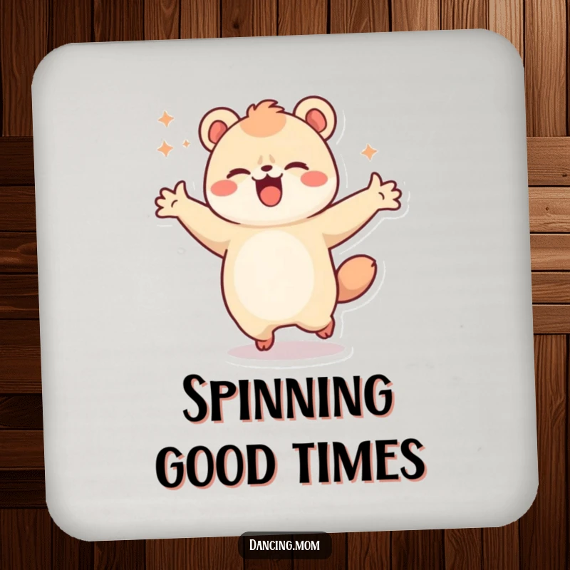 Funny drink coaster featuring a kawaii dancing animal in a joyful spin, protecting surfaces with cheerful energy.
