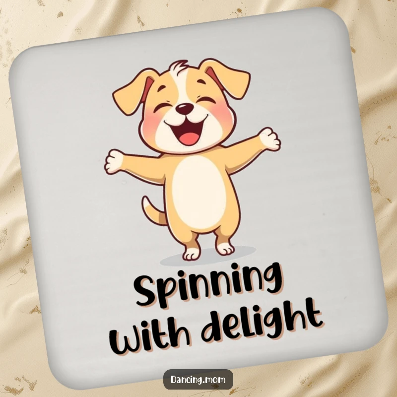Funny dog twirling with arms outstretched happily, featured on protective drink coasters.