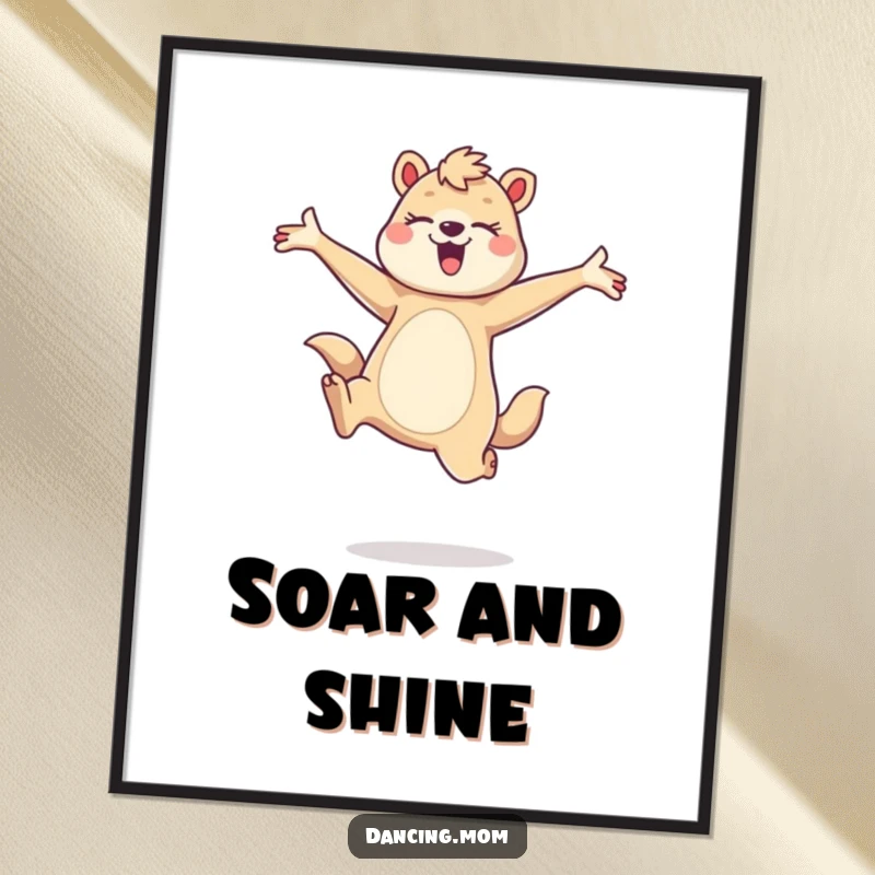 Funny poster print of a dancing mom animal mid-graceful leap, arms wide, conveying freedom and joy, a unique funny gift.