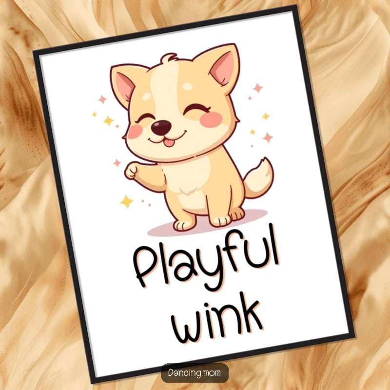 Funny dog poster featuring a dog winking with a playful twinkle in its eye during a dance, full of charm.